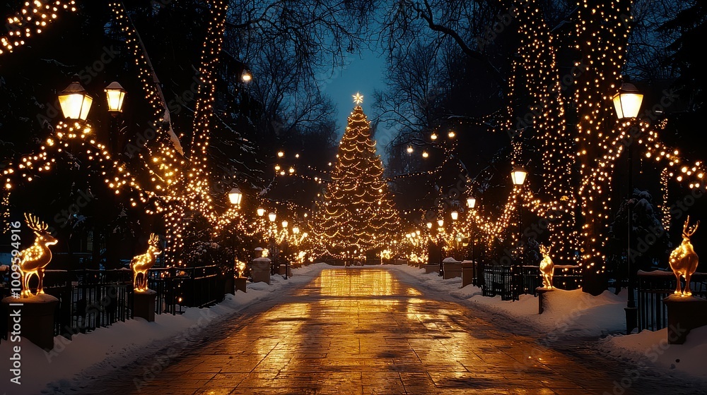 A festive winter scene featuring a beautifully lit Christmas tree, glowing street lamps, and decorated pathways, creating a magical atmosphere. A festive winter scene featuring a beautifully lit Christmas tree, glowing street lamps, and decorated pathways, creating a magical atmosphere.