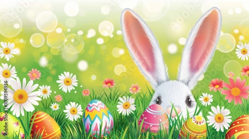 Vector Easter Banner with Colorful Eggs, Bunny Ears and Flowers.