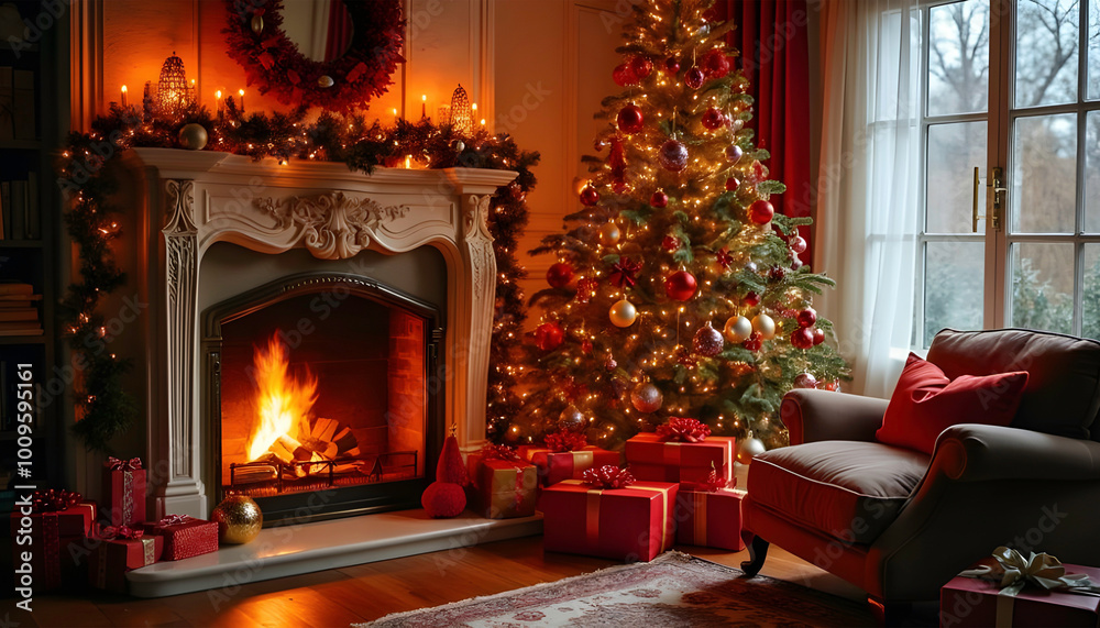 Fireplace with Christmas decoration decorated and a Christmas tree, Fireplace with Christmas decoration decorated and a Christmas tree,
