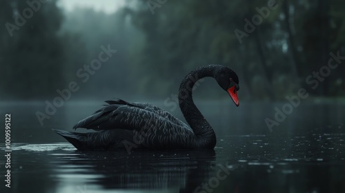 A black swan with a red beak swims in a misty lake, surrounded by green trees.