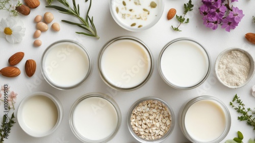 A variety of milk alternatives displayed in jars, surrounded by herbs and flowers.