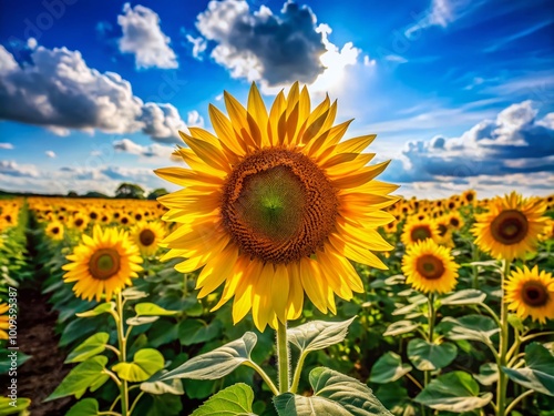 Vibrant Sunflower Field Under Blue Sky with Bright Yellow Blooms in Full Bloom During Summer Season