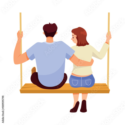Happy Man and Woman on Rope Swing Rocking and Relaxing Vector Illustration