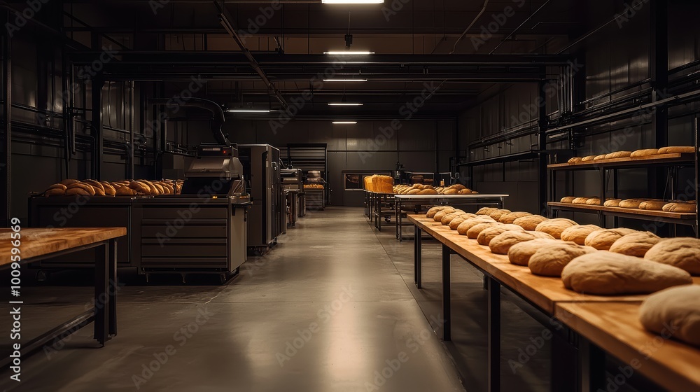 Fototapeta premium A spacious bakery interior with wooden tables lined with freshly baked bread, illuminated by overhead lights, creating a warm and inviting atmosphere.