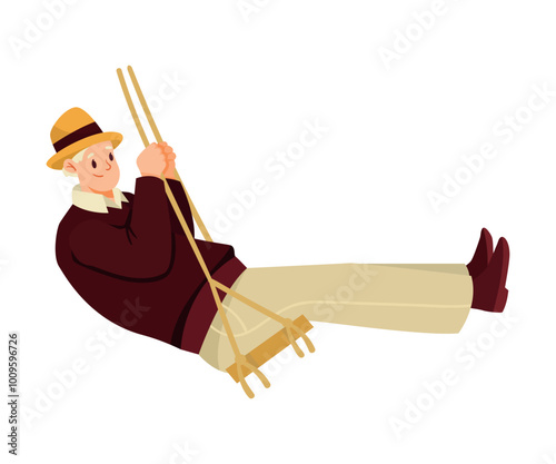 Happy Senior Man on Rope Swing Rocking and Relaxing Vector Illustration