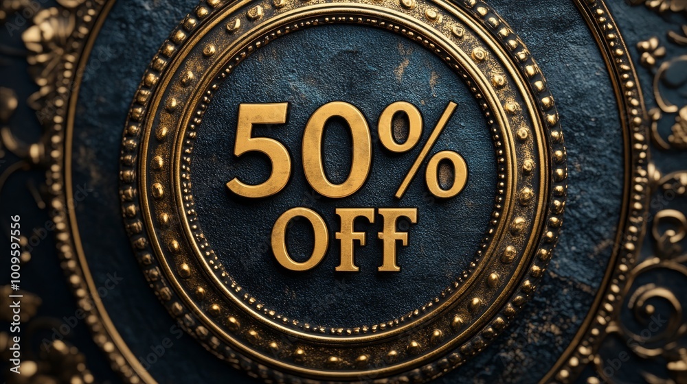 Golden discount emblem showcasing 50 percent off against a textured dark background