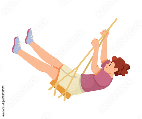 Happy Man on Rope Swing Rocking and Relaxing Vector Illustration