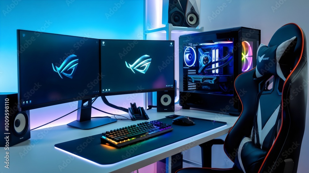 Fototapeta premium A cutting-edge gaming setup with a multi-monitor display, RGB-lit mechanical keyboard, and a high-end gaming PC with glowing LED components.