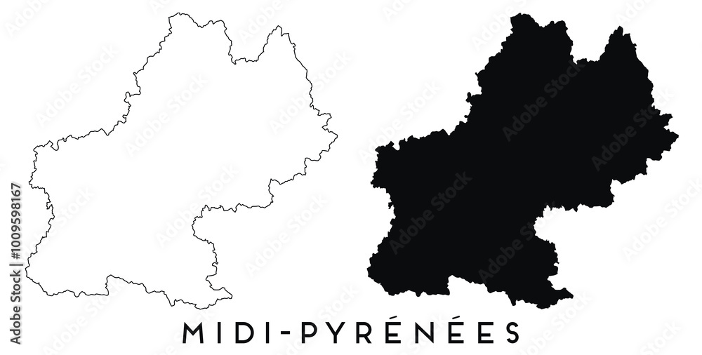 Fototapeta premium Midi Pyrenees map outline and black silhouette vector