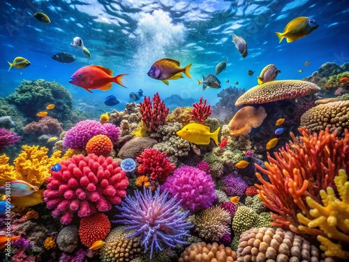 Vibrant Underwater Ocean Scene with Colorful Coral Reefs and Diverse Marine Life in Crystal Clear Water