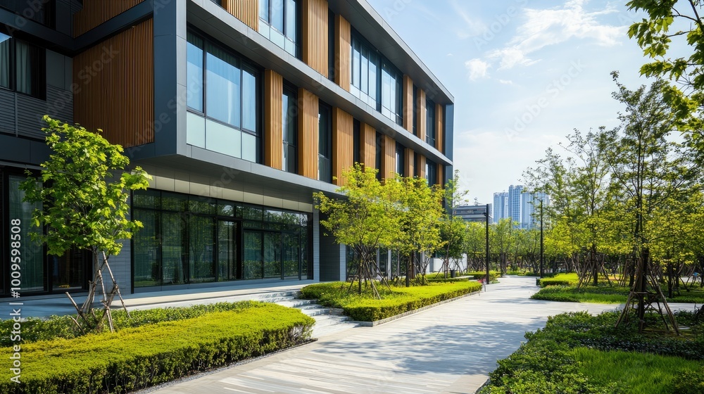 Modern Office Building with Greenery and a Walkway Modern Office Building with Greenery and a Walkway
