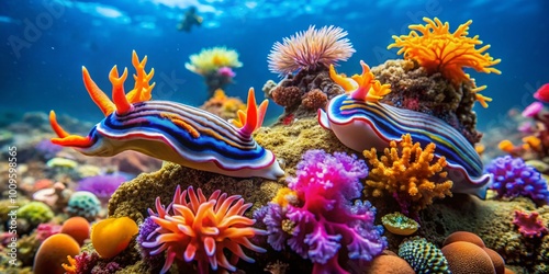 Vibrant Underwater Scene of Colorful Nudibranchs on Coral Reef in Clear Tropical Waters