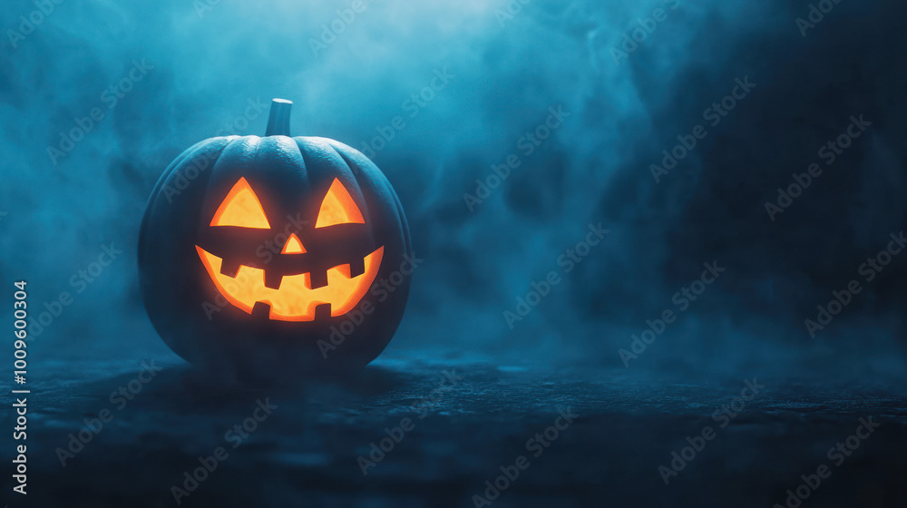 Naklejka premium A glowing Halloween pumpkin sits in fog, casting an eerie light in a mysterious and misty night setting