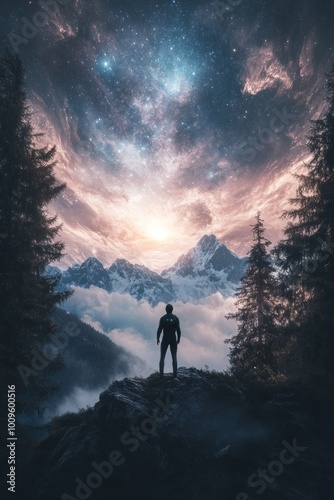 A person stands on a rocky outcrop, gazing at a cosmic sky over misty mountains.