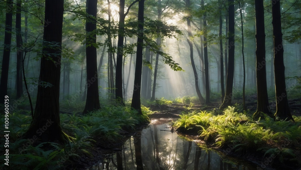 Fototapeta premium Misty forest with sunlight filtering through the trees creating an ethereal atmosphere