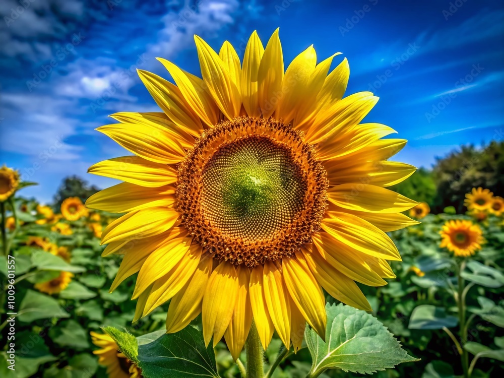 Vibrant Yellow Sunflower Surrounded by Lush Green Leaves Against a Bright Blue Sky in Nature Vibrant Yellow Sunflower Surrounded by Lush Green Leaves Against a Bright Blue Sky in Nature