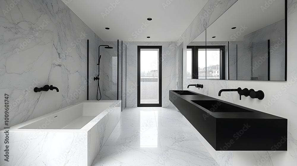 Fototapeta premium a sleek, modern black bathroom sinks and the white marble walls. minimalist bathroom design, monochrome bathroom 