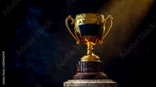 Golden trophy standing on a pedestal with dramatic lighting