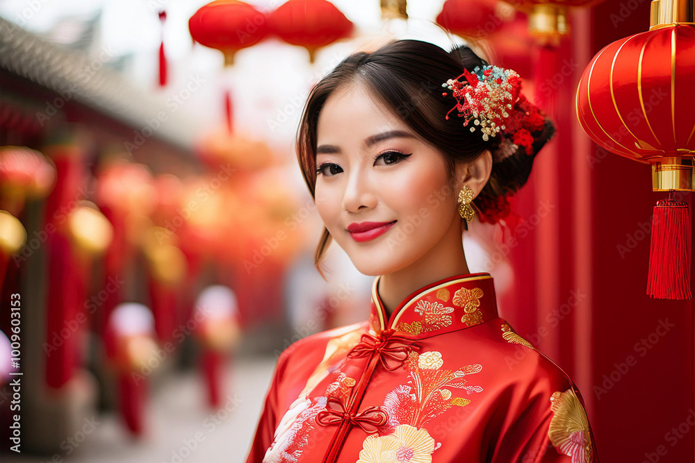 Young Woman in Vibrant Red Traditional Dress Young Woman in Vibrant Red Traditional Dress