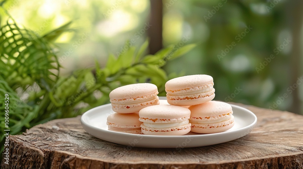 A Macaron platter perched atop a tree stump against a lush green backdrop A Macaron platter perched atop a tree stump against a lush green backdrop