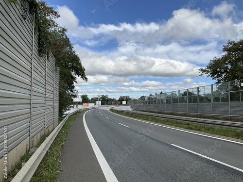 Flooded and impassable national road DK1 due to pool of water at confluence of Rivers Wapienica and Iłownica during flood in September 2024 in Poland in Czechowice Dziedzice. Topic: river alert status photo