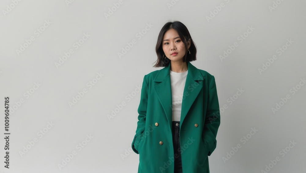 Stylish woman in green coat posing against white background, facing slightly right Stylish woman in green coat posing against white background, facing slightly right
