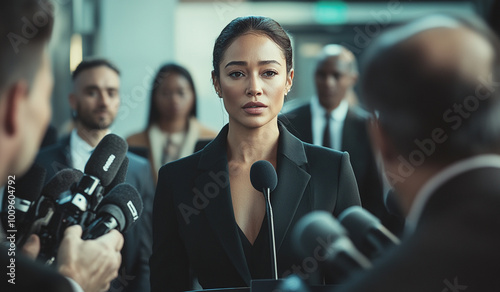 A confident woman speaks at a press conference, standing in front of multiple microphones, surrounded by media reporters and photographers during a public event.
