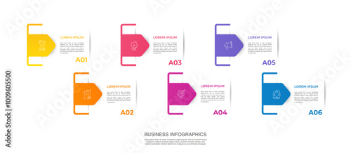 Vector template arrow infographics with 6 steps. Business premium creative concept with options, labels, parts. Six steps for content, flowchart, timeline, levels, presentation.