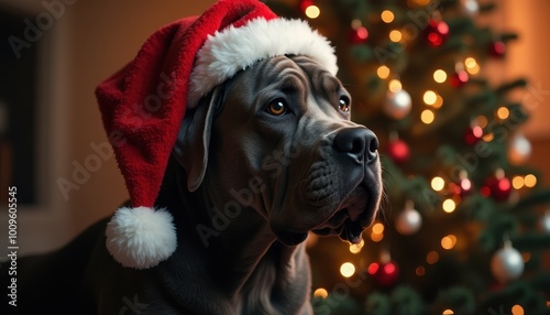 Cute realistic Cane Corso dog with Santa cap on a Christmas-lit background looking in camera, only top of body, detailed photo