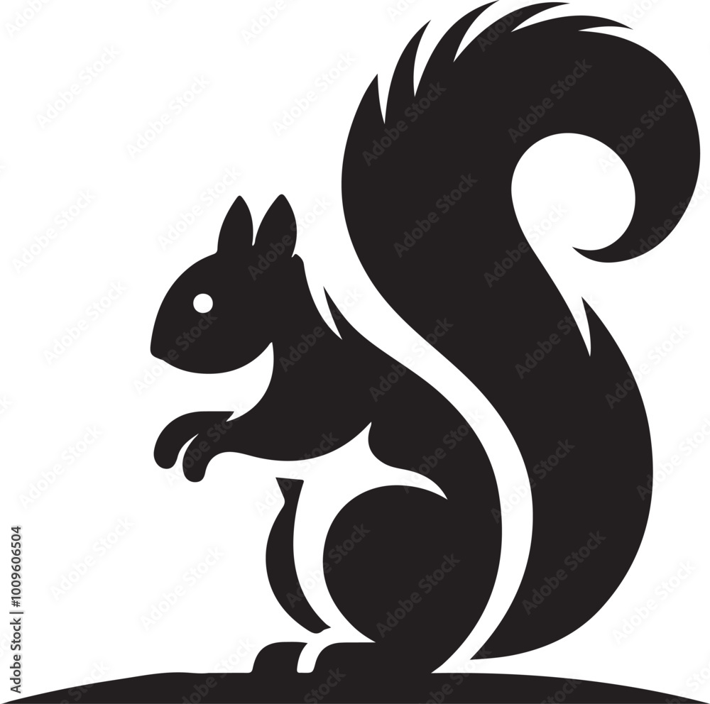 A black squirrel with a roundeye and long tail on white background A black squirrel with a roundeye and long tail on white background