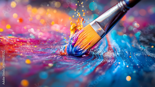 a paintbrush, creating a dreamlike, fantastical scene of vibrant colors.