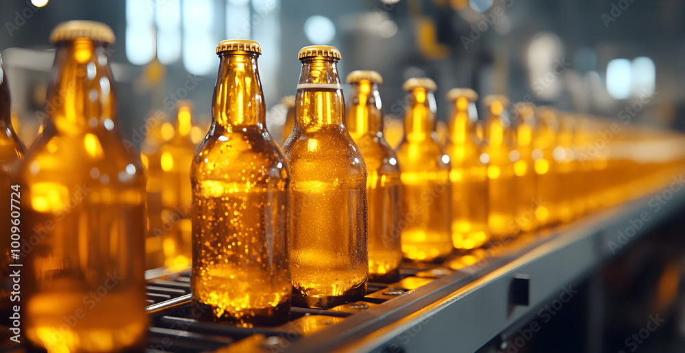 A row of beer bottles on a conveyor belt A row of beer bottles on a conveyor belt