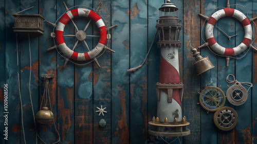 Lighthouse and sailing tools on wooden background. Creative sailing background perfect for sea travel website. Maritime and nautical theme, with blue sea color, ropes, steer and sea creatures.