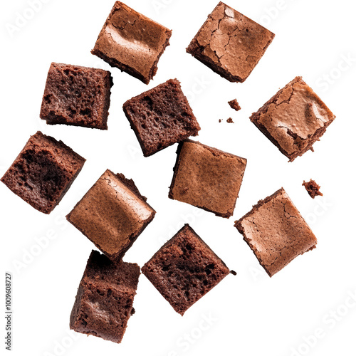 Delicious chocolate brownie bites arranged on a white background, perfect for desserts and sweet treats, isolated on transparent background.