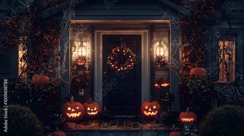 Halloween pumpkins sit on front porch alongside festive wreath. Jack o' lanterns for traditional autumn holiday atmosphere at American home