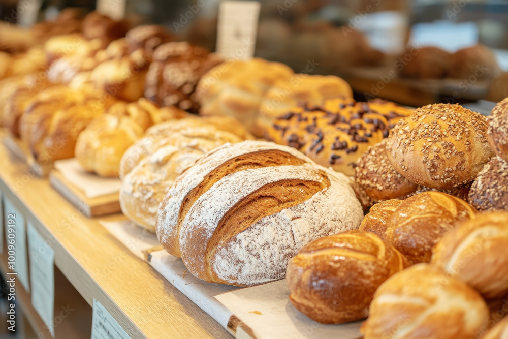 Freshly baked bread and pastries displayed on wooden shelves in a cozy bakery setting Freshly baked bread and pastries displayed on wooden shelves in a cozy bakery setting