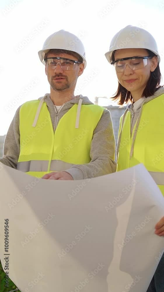 Man and woman architects or engineers wearing safety hard hats and vests holding blueprint and discussing something on construction site at sunrise, front vertical view. Architecture concept Man and woman architects or engineers wearing safety hard hats and vests holding blueprint and discussing something on construction site at sunrise, front vertical view. Architecture concept