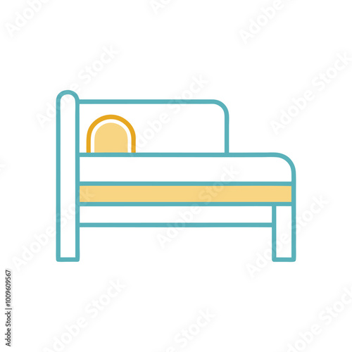 Simple Line Drawing of a Bed with Headboard, Footboard, Pillows, and Blankets for Furniture, Interior Design, and Household Items