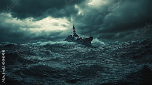 Battleship navigating stormy seas under dark clouds.