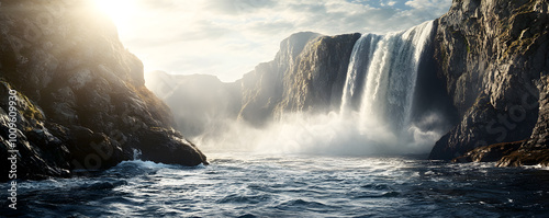 A majestic waterfall cascading down a mountain, with mist rising and sunlight reflecting off the water,
