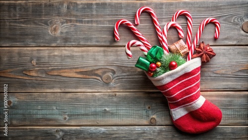 A Christmas stocking filled with candy canes and gifts on a rustic wooden background, evoking festive cheer. photo