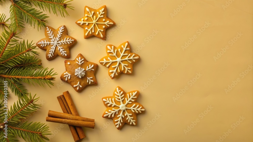 Gingerbread cookies in snowflake shapes on a rustic table, surrounded by pine branches and cinnamon sticks for a festive touch. Gingerbread cookies in snowflake shapes on a rustic table, surrounded by pine branches and cinnamon sticks for a festive touch.