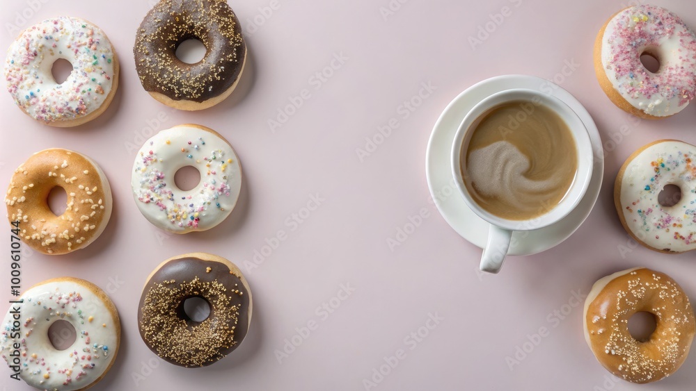 Fototapeta premium Flat lay of donuts with various toppings, paired with a cup of coffee on a soft pink background.