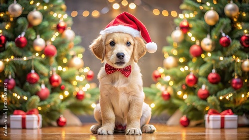 A playful puppy wearing a Santa hat and a red bowtie, sitting between decorated Christmas trees, exuding holiday charm.