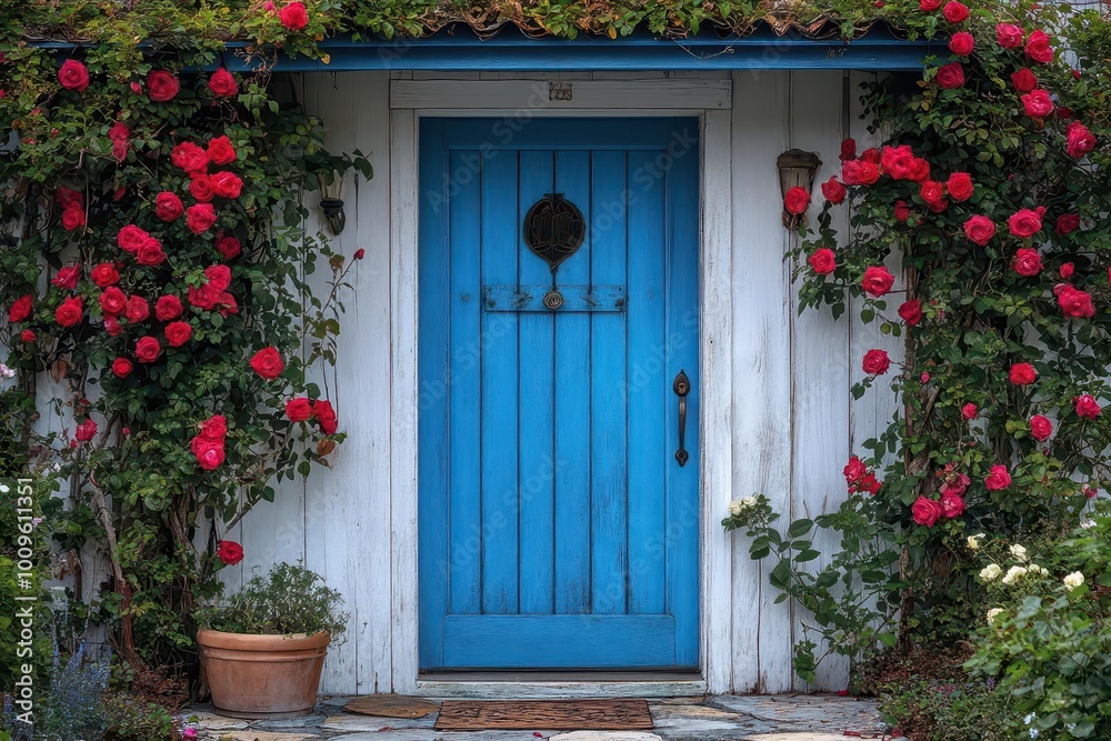 Fototapeta premium charming cottage entrance with a vibrant blue door framed by climbing roses and a quaint stone pathway bathed in warm sunlight