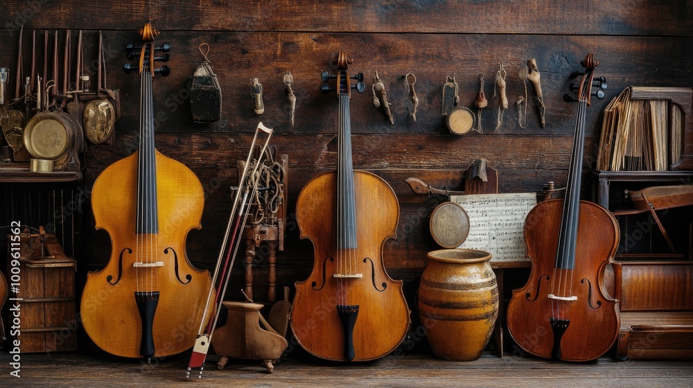 Fototapeta premium Four Violins and Accessories Resting on a Wooden Surface