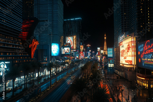 Fototapeta Naklejka Na Ścianę i Meble -  A bustling city street illuminated by bright neon lights and digital billboards at night, showcasing a futuristic, vibrant urban atmosphere filled with traffic and skyscrapers.
