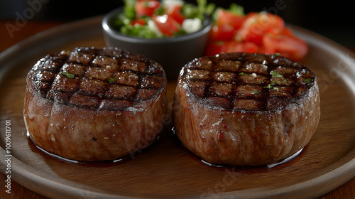 Grilled Beef Steaks on Wooden Plate with Fresh Salad photo