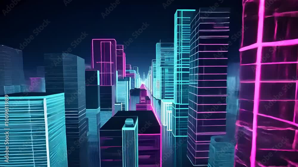 Futuristic Neon Cityscape with Digital Buildings and Virtual Design Futuristic Neon Cityscape with Digital Buildings and Virtual Design