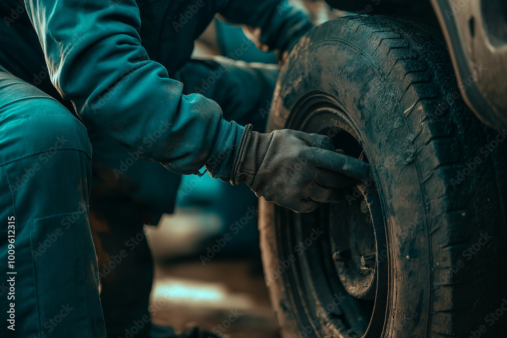 Mechanic working on a vehicle tire, wearing gloves and adjusting bolts, highlighting automotive repair and maintenance Mechanic working on a vehicle tire, wearing gloves and adjusting bolts, highlighting automotive repair and maintenance